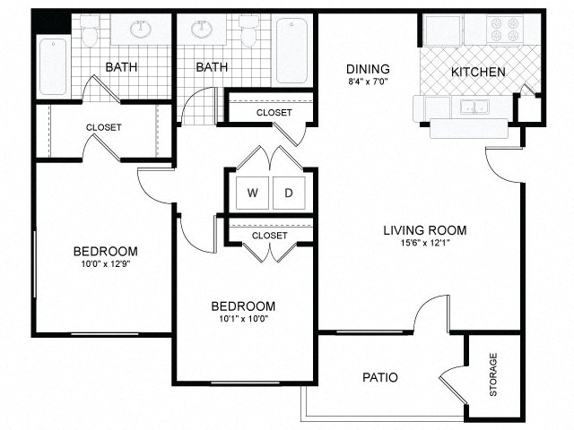 Floor plan for 2 beds, 2 baths, 951 sqft